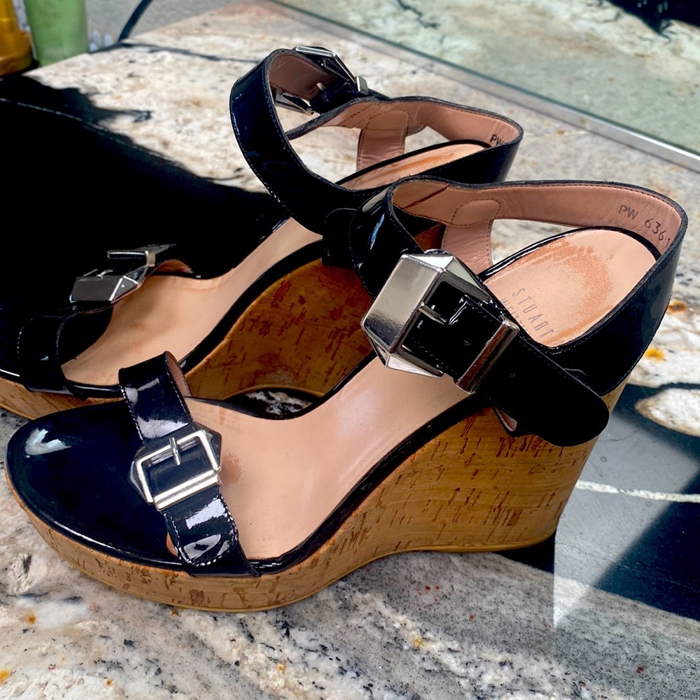 Stuart Weisman platform sandal 4 1/2 inch cork heel, size 9 M
